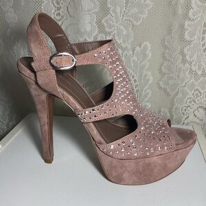 Unworn BCBGeneration mauve platform studded suede open toe stiletto heels, 7